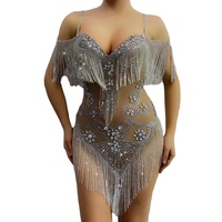 Bodysuit pesta tembus pandang berlian imitasi pakaian klub ukuran besar kostum panggung dansa Playsuit wanita seksi