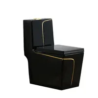 Ensemble WC Sanitaire Moderne en Céramique Colorée, Noir avec Ligne Dorée, WC Monobloc à Double Chasse, Fixation au Sol, Drainage en S pour Salle de Bain
