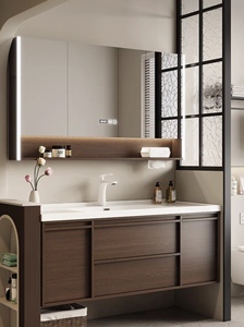 Walnut-colored bathroom cabinet with smart <b>mirror</b> white countertop <b>wall</b>-mounted sink and drawers - Product Image 4