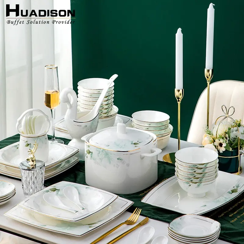 Huadison מסעדה ציוד לבן קרמיקה ארוחת ערב סכו"ם סט מחבת אפיית מחבת מרק קערת סושי מחבת וספלי קפה ספל