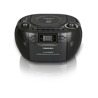 TOMASHI CD-107 Lecteur CD portable personnel à chargement par le haut, enregistreur de cassettes, radio, écran LED, port USB, haut-parleur, noir/blanc, 3,5 mm