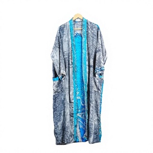 Robe longue pour femme, motif floral romantique, longueur genou, style kimono, en crêpe de soie patchwork, fermeture à cordon, design uni, satinée, pour l'été - Product Image 1