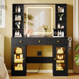 Tocador de Maquillaje Negro con Espejo Iluminado HD y Enchufe, Mesa de Tocador con Tapa de Cristal, Cajones y Armarios, 3 Modos de Iluminación - Product Image 6