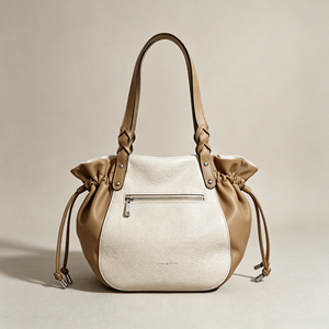 Vintage Cream <b>Tan</b> Bucket <b>Bag</b> Soft Pebble Grain Drawstring Edge Decorative Knot Handle Everyday Purse - Product Image 4