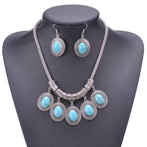 USA Fashion Vintage <b>Boho</b> Tassel Oval Turquoise Pendant Womens Jewelry Set for Women <b>Necklace</b> and Earrings Alloy Silver Plated - Product Image 1