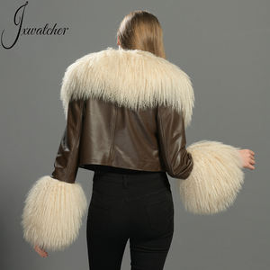 เสื้อแจ็คเก็ตหนังแท้สำหรับผู้หญิง สวมใส่สบาย สไตล์ลำลอง พร้อมปกและปลายแขนเสื้อขนแกะแท้ฟูฟ่อง หรูหรา ขายส่ง รับสกรีนโลโก้ - Product Image 5