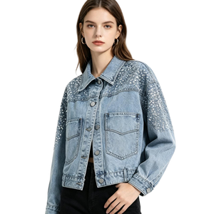 Veste en jean à sequins pour femme, coupe oversize, style boyfriend, épaules tombantes, effet délavé, ornée de perles - Product Image 5