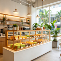 Vitrine à pain de comptoir haut de gamme multifonctionnelle à trois niveaux, en verre incurvé avec cadre doré, éclairée par LED, durable et facile à nettoyer