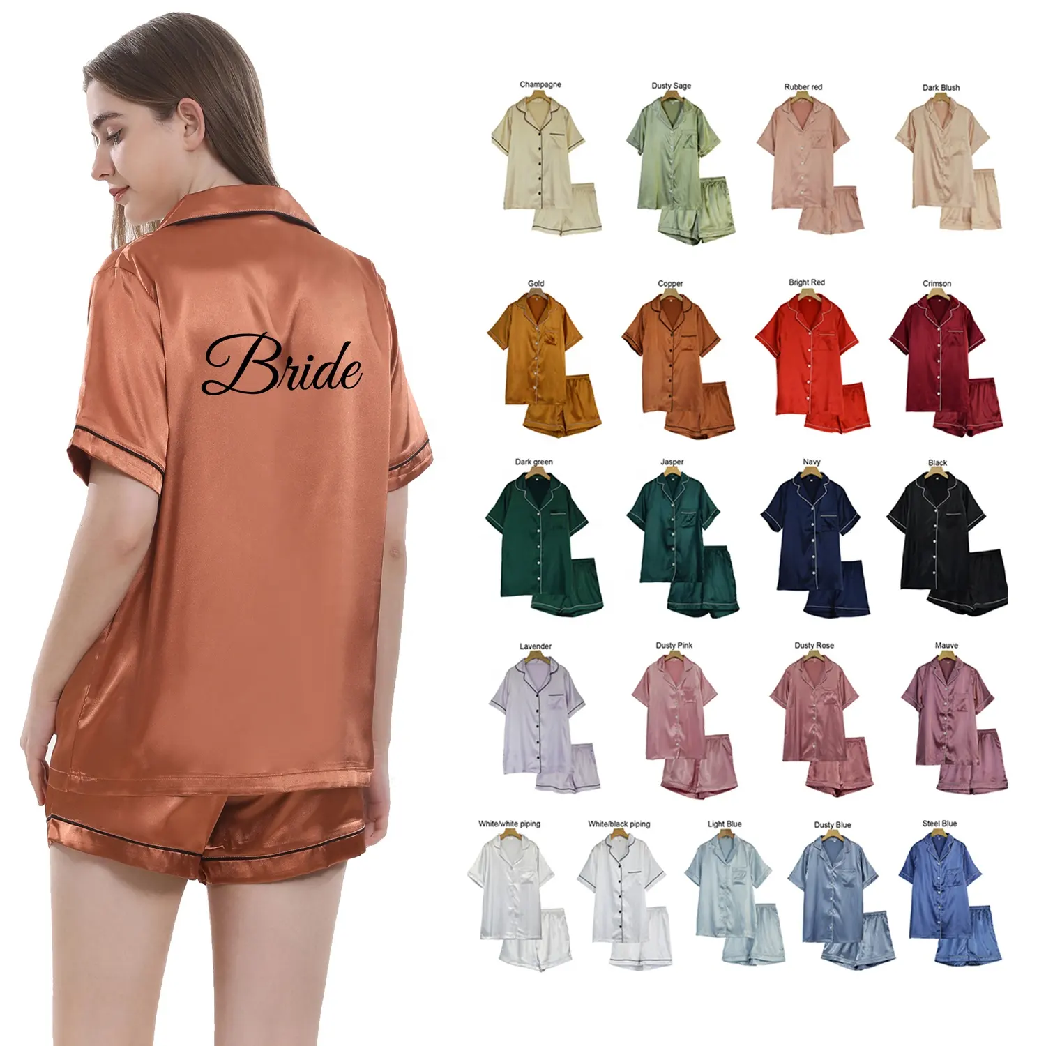 Bán Buôn Chất Lượng Cao Phụ Nữ Satin Bộ Đồ Ngủ Ngắn Set 21 Màu Sắc Trong Kho Lụa Satin Pajama Cho Cô Dâu Phù Dâu Đám Cưới Cô Dâu