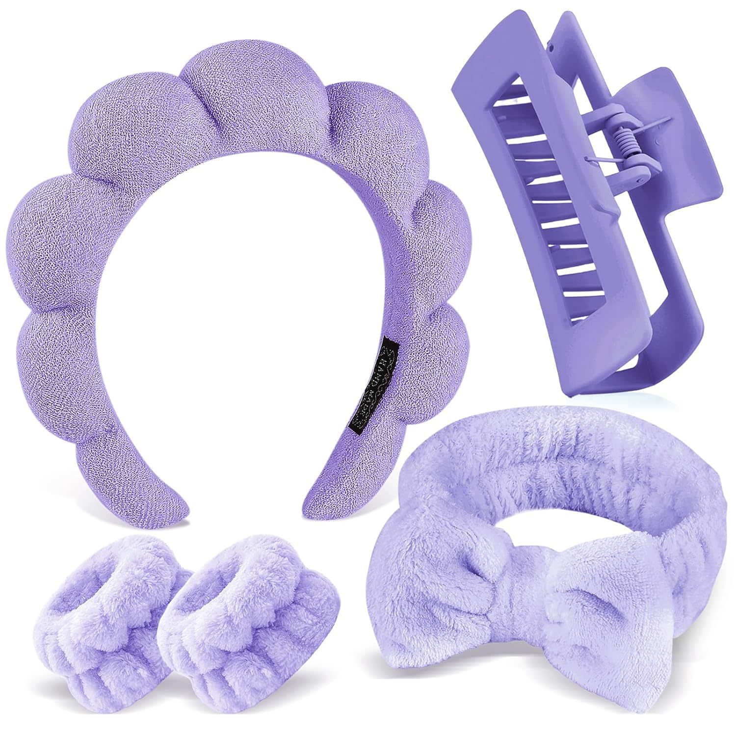 5Pcs Spa Headband For Washing Face Wristband Set Makeup Skincare Bubble Soft Hairband Claw Clips Hair Accessory