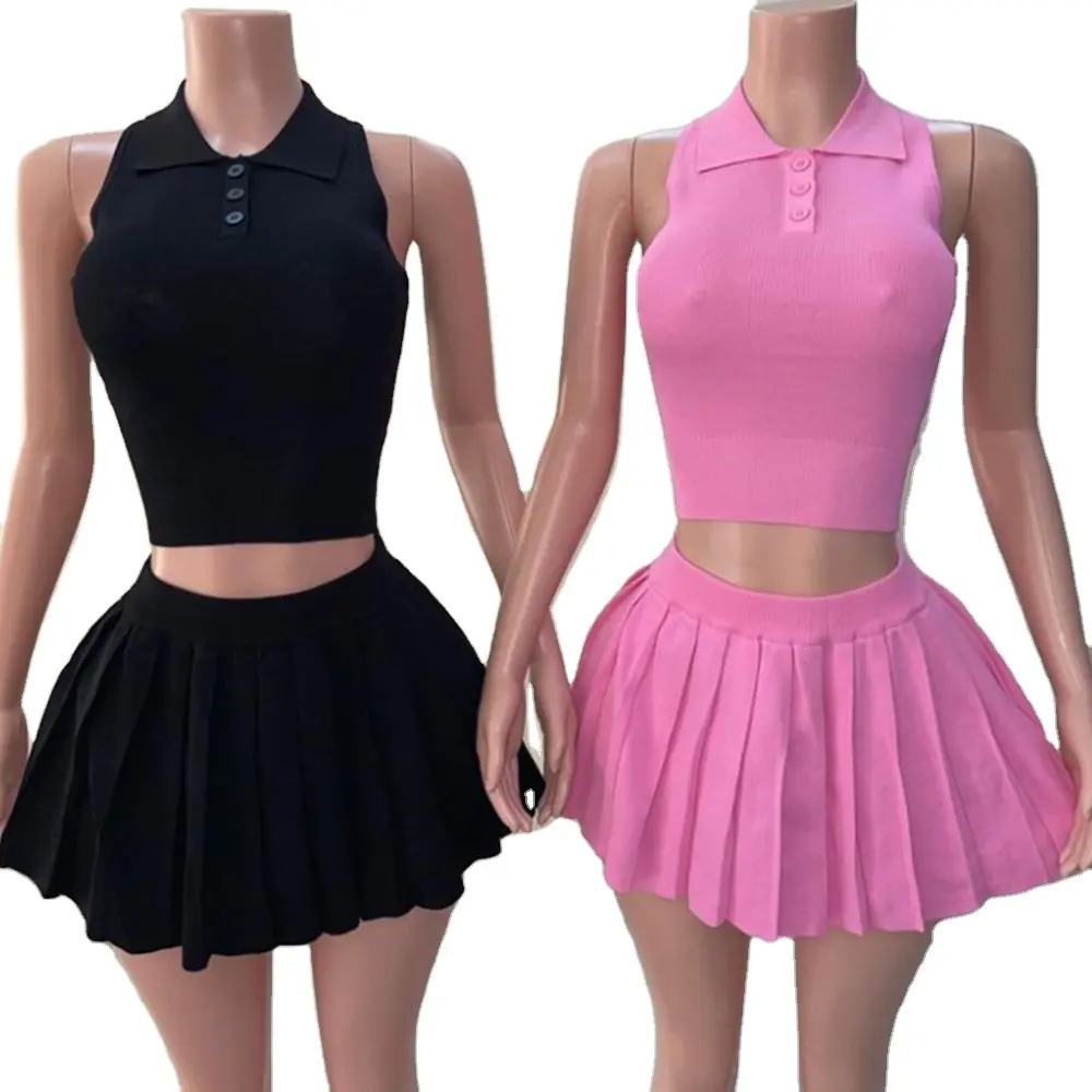 Conjunto de saia plissada com botão frontal regata rosa para mulheres, vestido de tênis de 2 peças