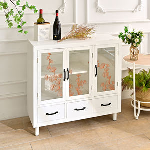 Armoire de rangement moderne de style ferme en bois blanc faite à la main ART NEST avec 3 tiroirs et portes en verre pour le salon et la salle à manger - Product Image 4