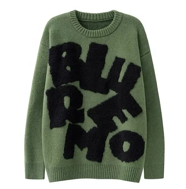 Özel moda kazak boy mektup örgü Jumper Unisex kışlık kazak jakarlı Intarsia örme kazak erkekler