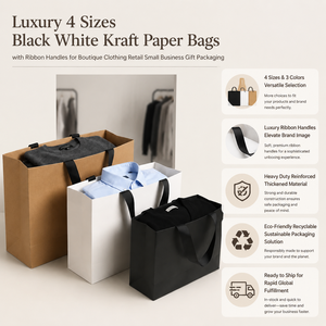 Bolsas de Papel Kraft Negras y Blancas de Lujo en 4 Tamaños con Asas de Listón para Boutique de Ropa, Comercio Minorista, Pequeñas Empresas y Empaque de Regalos - Product Image 1