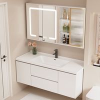 Ensemble de meuble-lavabo mural moderne à cannelures avec vasque en céramique intégrée et armoire miroir LED pour projets hôteliers et villas de luxe