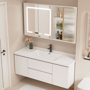 Ensemble <span class=keywords><strong>de</strong></span> meuble-lavabo mural moderne à cannelures avec vasque en céramique intégrée et armoire <span class=keywords><strong>miroir</strong></span> LED pour projets hôteliers et villas <span class=keywords><strong>de</strong></span> luxe - Product Image 1