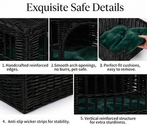 Black Rattan <strong>2</strong>-<strong>Tier</strong> <strong>Cat</strong> House Wicker Enclosure Removable Cushions Cozy Indoor Pet House <strong>Beds</strong> - Product Image 2