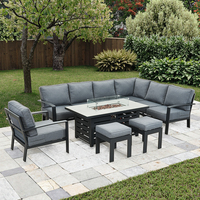Ensemble de meubles de jardin modernes 9 places en aluminium Fimous canapé d'angle pour l'extérieur table de foyer au propane tissu gris foncé imperméable