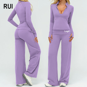 RUIQUWIN OEM Custom <b>Women's</b> Seamless Yoga Set High Support Elastic Long Sleeve Top Loose <b>Leggings</b> High Stretch Gym Sports Wear - Product Image 1
