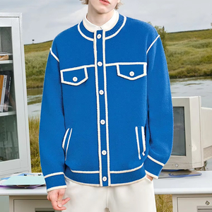 Cárdigan de punto estilo universitario personalizado para <span class=keywords><strong>hombre</strong></span>, con ribete en contraste azul, estilo retro preppy, chaqueta de punto con <span class=keywords><strong>botones</strong></span>, suéteres para <span class=keywords><strong>hombre</strong></span>, venta al por mayor OEM - Product Image 3