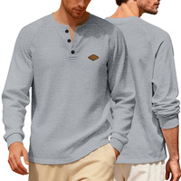 T-shirt décontracté pour homme en gros - Haut à manches longues style américain en maille gaufrée boutonné à manches raglan séchage rapide (Printemps & Automne)