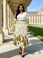 Robe midi plissée pour femmes grandes tailles, col en V, manches 3/4, ornement floral 3D, dégradé rouge et blanc, jupe à volants irréguliers en cascade