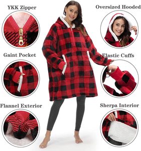 Felpa con Cappuccio Personalizzabile Taglie Forti, in Pile Caldo e Pesante, a Quadri, con Maniche Utilizzabili come Coperta TV - Product Image 3