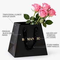 Sac en papier noir trapézoïdal FL83 avec logo en feuille d'aluminium et poignée en ruban pour bouquet, emballage cadeau pour fleuriste, mariage, fête