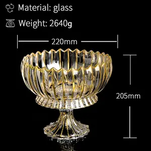 LUXURY CRYSTAL GLASS GOLDEN LINE STREAK LARGE FRUIT BOWL PLATE WITH PEDESTAL STAND