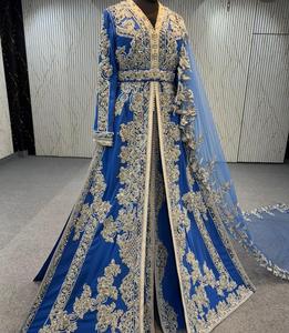 Blue Embroidered Georgette Ball Gown <b>Wedding</b> Dress With V-Neck Long Sleeve Hand Embroidery Full Length Women Dress - Product Image 3