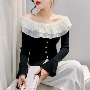 Pull à manches longues pour femme avec col à volants et manches <span class=keywords><strong>évasée</strong></span>s pour l'automne-hiver, style t-shirt sexy - Product Image 6