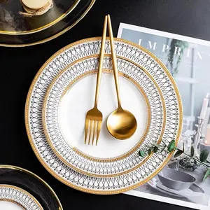Популярный Обеденный Сервиз из элегантной керамической фарфора оптом 2021 Роскошная золотая столовая посуда набор боковых тарелок для банкета, свадьбы, вечеринки