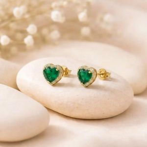 <b>Emerald</b> CZ Heart <b>Stud</b> <b>Earrings</b> In Gold Finish With Green Gemstone Design 925 Sterling Silver Or 18K Gold Filled Minimalist Gift - Product Image 5