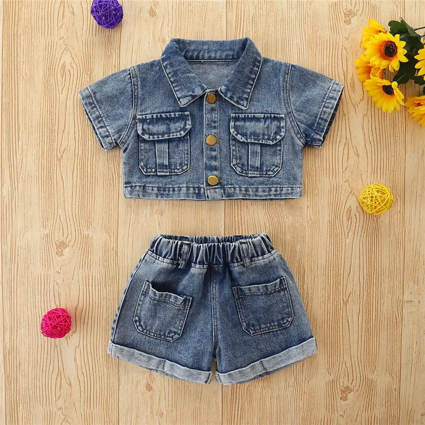 boutique children's clothing summer fashionable kids cargo clothes denim two-piece short-sleeved top+shorts girls' clothing set