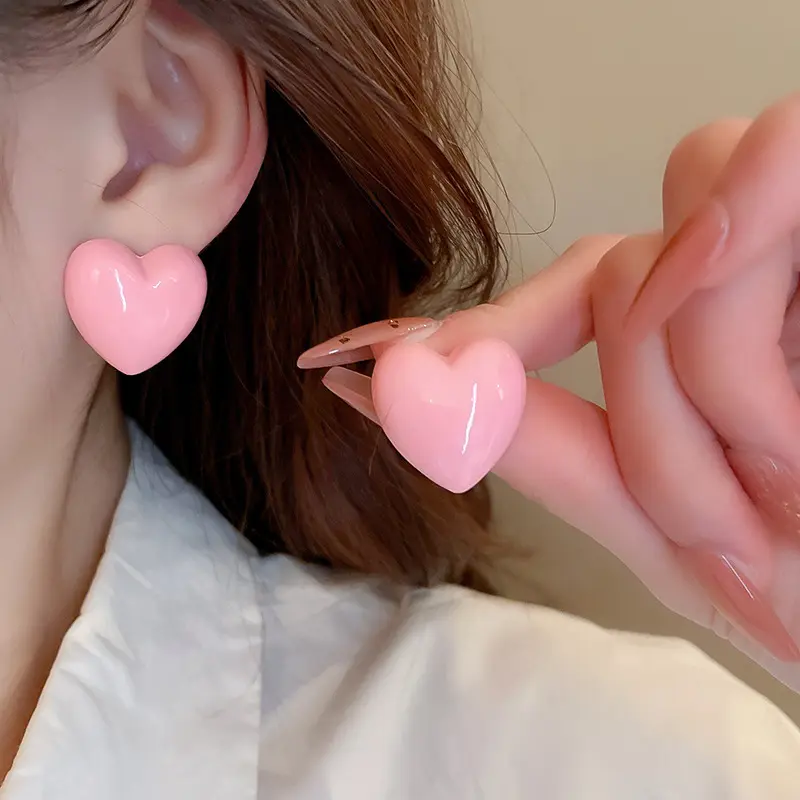 Großhandel New Pink Acryl Liebe Herz Kreis Ohr stecker Sweet Cute Vielseitige Ohrringe für Frauen Mädchen Schmuck