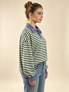 Women Striped Color Contrast <b>Polo</b> Collar Sweatshirt Long Sleeve Drop Shoulder Loose Oversized Pullover Tops - Product Image 2