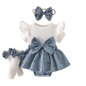 Nuovo Body Estivo 2026 per Neonati e Bambine con Maniche a Sbuffo, Stampa a Fiocco + Calze da Principessa - Product Image 3