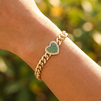 Pulsera de Cadena Cubana de Latón Chapada en Oro de 14K, Joyería de Boda Impermeable, Pulsera de Corazón con Circones Blancos y Verdes para Mujer