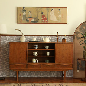 Buffet en bois massif avec porte coulissante, style rétro, noyer et chêne, 4 tiroirs, pour salon ou bar à café - Product Image 5