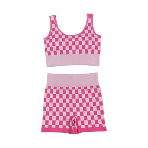 NO Tariffs Contact Us GSSO2704 Wholesale Quality Athletic Clothing Women <strong>Outfits</strong> <strong>Pink</strong> Plaid Vest with Shorts Set Adult Clothes - Product Image 1