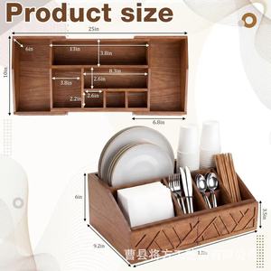 Boîte à couverts extensible en bois massif avec compartiments, porte-assiettes et porte-gobelets en papier jetables, rangement pour table à manger - Product Image 4