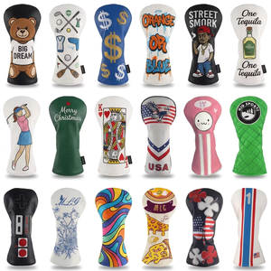 Housses de tête de club de golf en PU écologiques en gros, pour clubs 1, 3, 5, design bois, logo personnalisé brodé et imprimé, fermeture élastique - Product Image 1