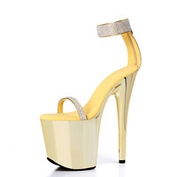 Sandales à talons aiguilles métalliques colorées avec bride cheville, 20 cm (8 pouces), brillantes, tendance, pour défilés, nouvelles, élégantes, pour femmes, chaussures de danse pour scène