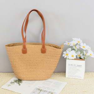 Women's Straw Woven Tote Bag Large Capacity Bohemian Summer Beach Bag Horizontal <b>Square</b> Zipper Closure Off White Khaki - Product Image 1