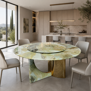 Table à manger ronde en marbre peinte à l'encre sur mesure, style moderne, 8 places, pieds en métal, mobilier en pierre pour villa - Product Image 1