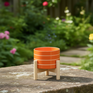 Pot de fleurs en céramique rayé avec support en bois, petit pot pour la décoration intérieure, entrée, patio, table, jardin - Product Image 3