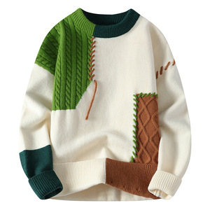 Pull en polyester à col rond et patchwork décontracté pour homme, coupe ample, tricoté, nouvelle collection automne-hiver - Product Image 1
