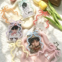Étui de protection pour cartes photo en acrylique, style INS, avec nœud papillon étoile 3 pouces et motif dentelle, porte-cartes photo pour breloques de sac, pour la collection d'objets de collection d'idoles féminines