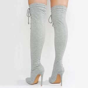 Women Stretch Over Knee High Boots Casual Stiletto Pointed Toe Front Lace up Elastic <b>Shoes</b> Leisure Long Booties - Product Image 6