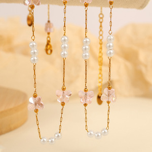 Conjunto de collar de perlas de mariposa con cadena de oro y piedra rosa para mujer, conjunto de joyería de moda para fiesta - Product Image 3